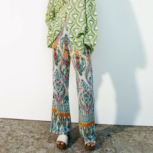 ZARA Boho Printed Flared Wide Leg High Waisted Trousers Pants NWT RRP$109 - Picture 7 of 16